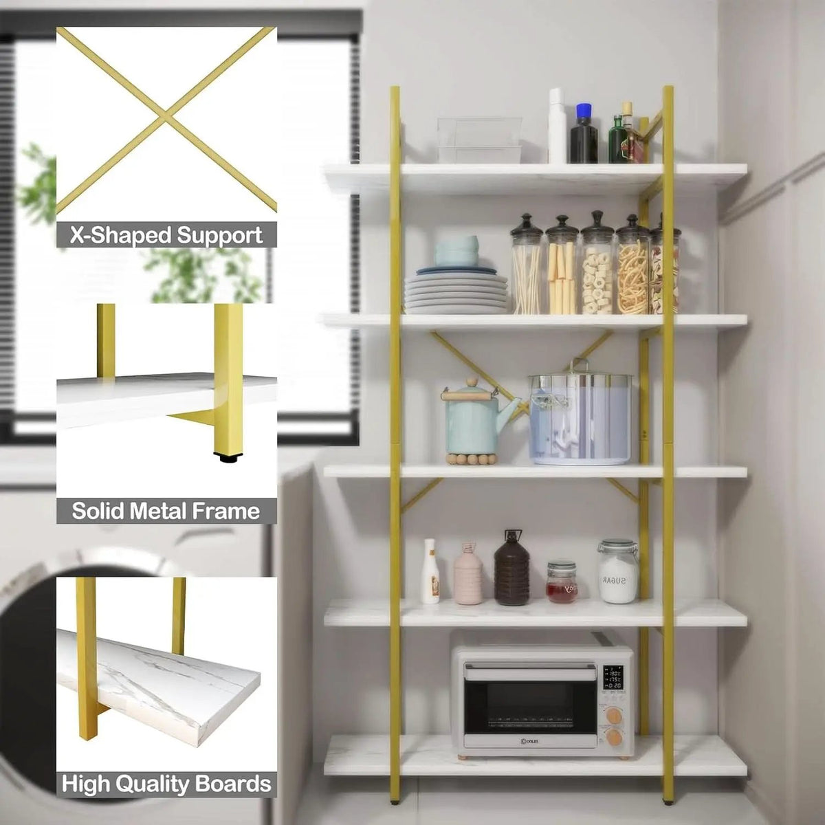 Five Tier Bookshelf Organizer White Faux Marble Metal Open Display from PriceLows™
