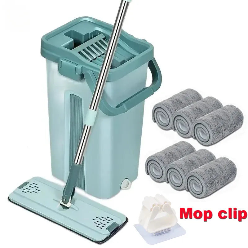 Flat Squeeze Mop with Bucket Hand Free Wringing Floor Cleaning Mop Microfiber Mop Pads Wet or Dry Usage on Hardwood Laminate from PriceLows™