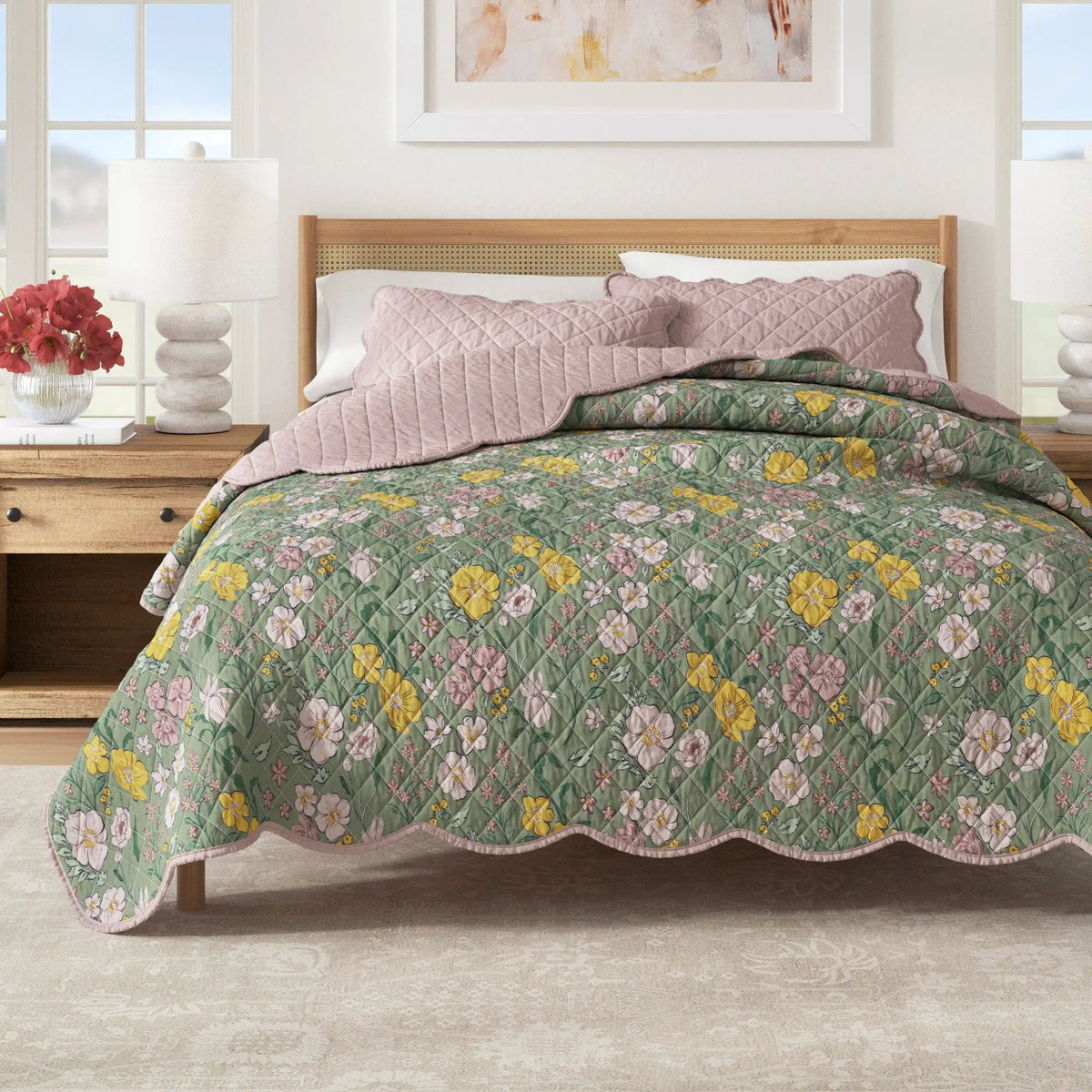 Floral Print & Scalloped Cotton Quilt Set - Gwen Collection from PriceLows™