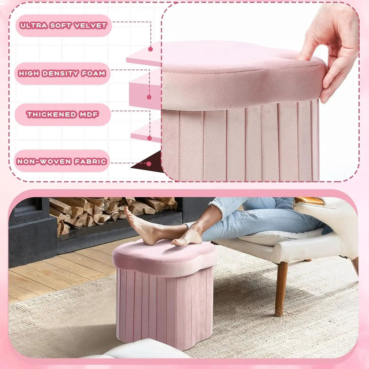 Flower Shaped Velvet Foldable Storage Ottoman Pink from PriceLows™