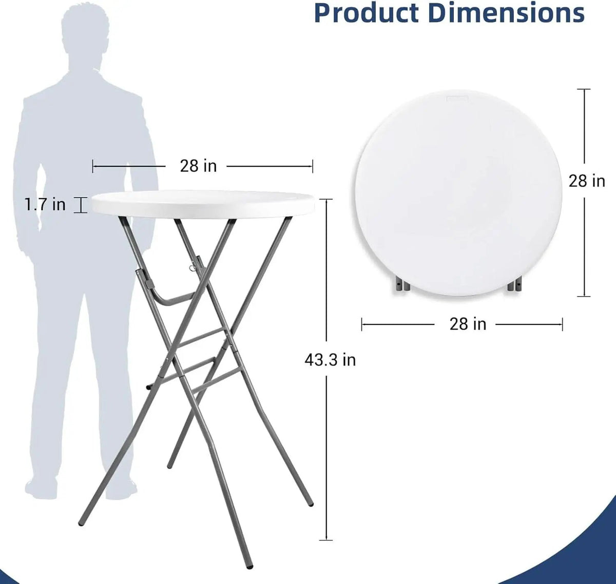 Folding Cocktail Table | 28 Inch Folding Surface | Detachable Legs HDPE Top | White