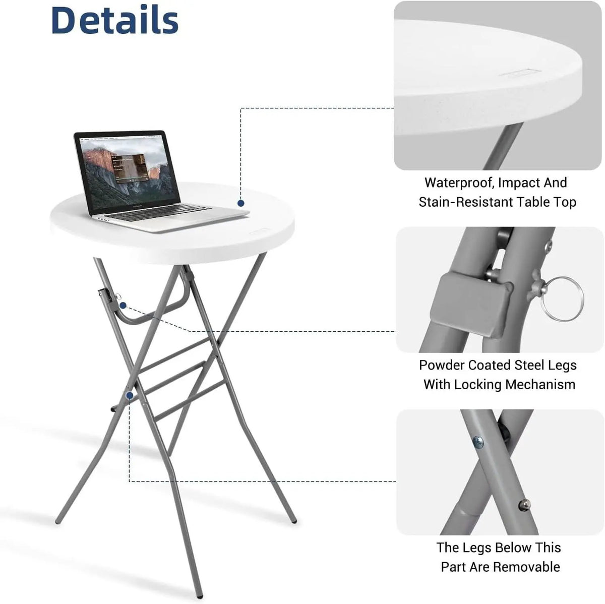 Folding Cocktail Table | 28 Inch Folding Surface | Detachable Legs HDPE Top | White
