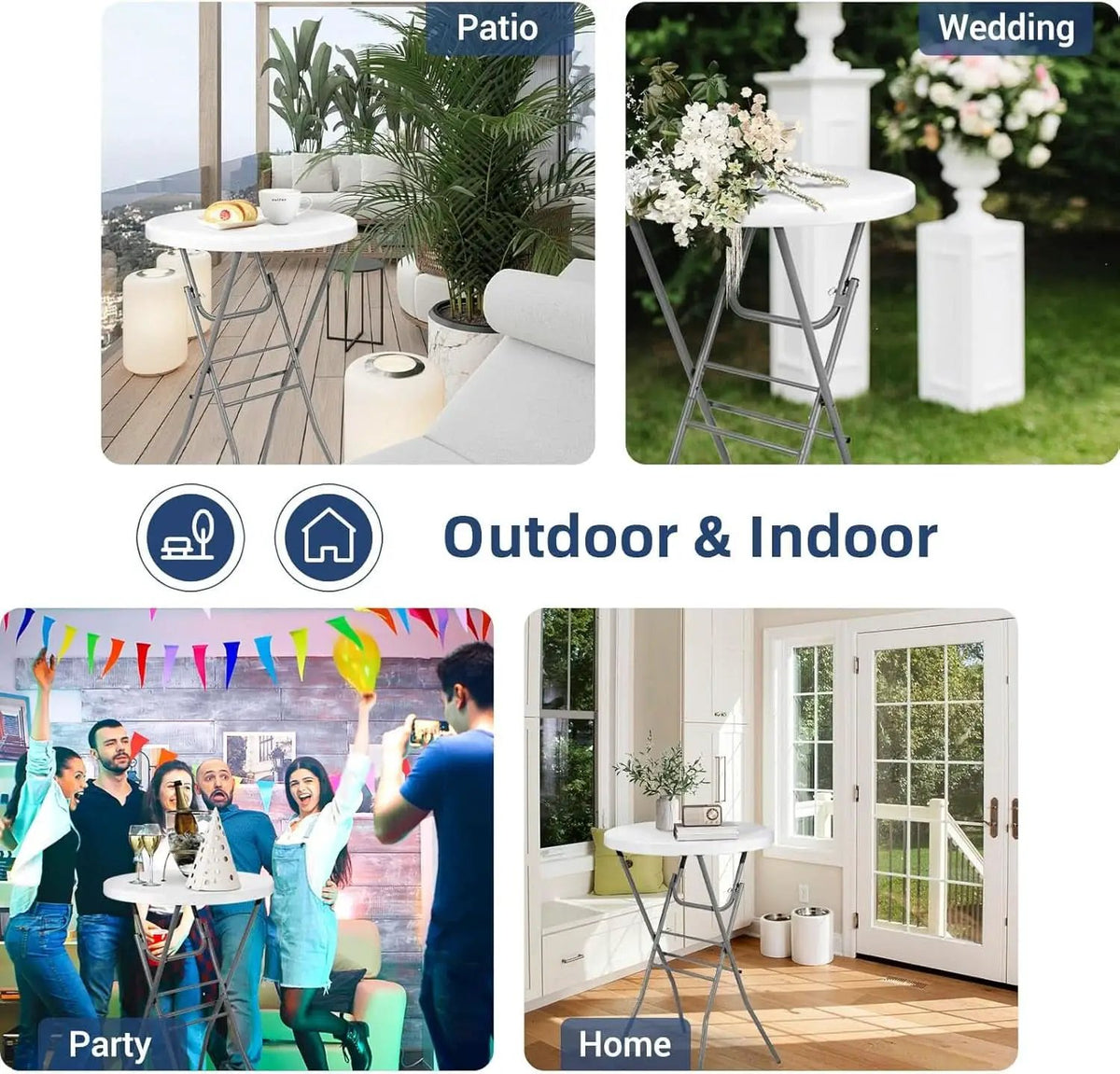 Folding Cocktail Table | 28 Inch Folding Surface | Detachable Legs HDPE Top | White