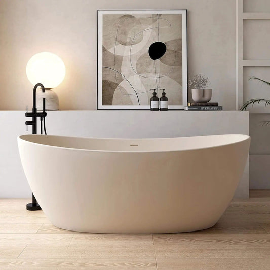 Freestanding Modern Oval Stone Resin Soaking Tub With Overflow Drain (Style 2) | Stone | Bathtub | Bathroom