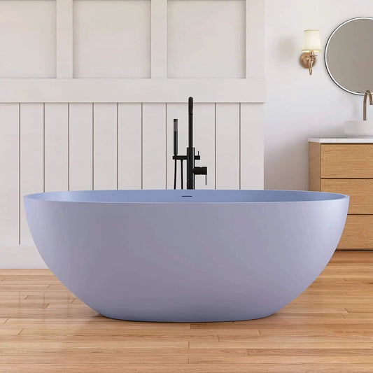 Freestanding Modern Oval Stone Resin Soaking Tub With Overflow Drain | Stone | Bathtub | Bathroom