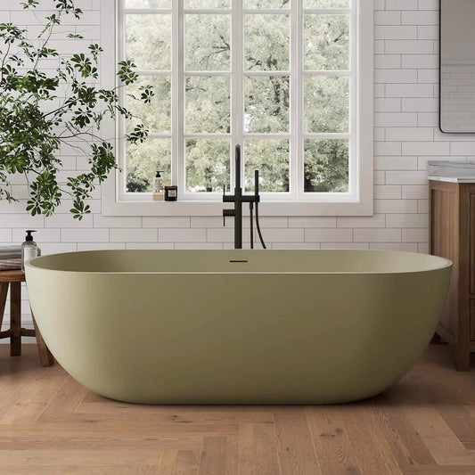 Freestanding Oval Stone Resin Soaking Tub With Overflow Drain | Stone | Bathtub | Bathroom