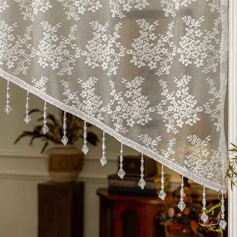 French Half Curtains | Beaded Lace Trim | PriceLows™