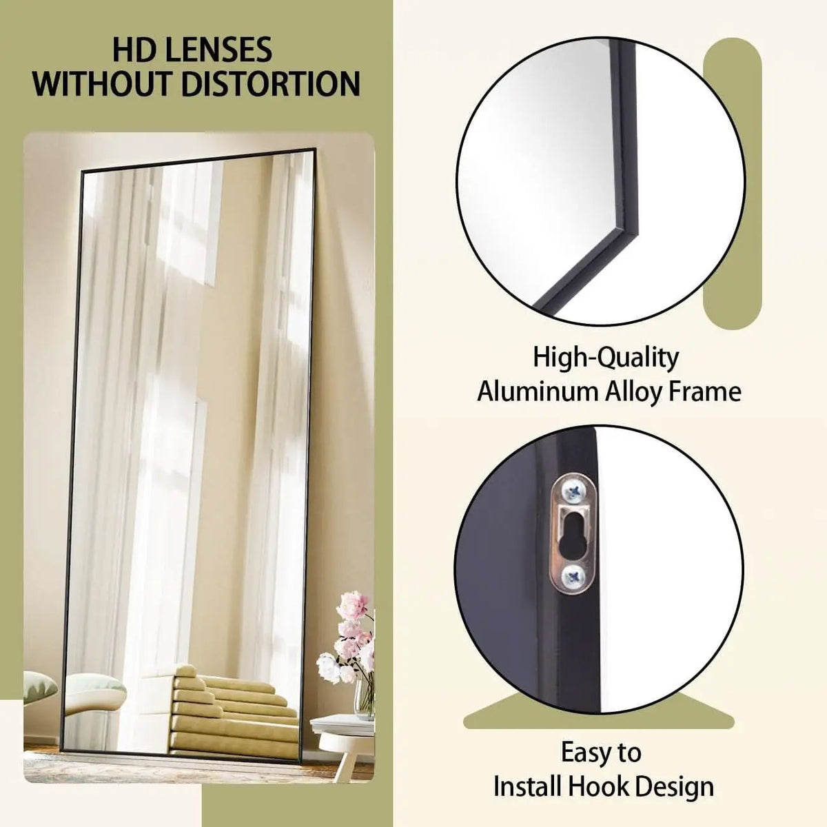 Full Length Standing Mirror 56x21 Black Aluminum Frame Tempered Glass from PriceLows™