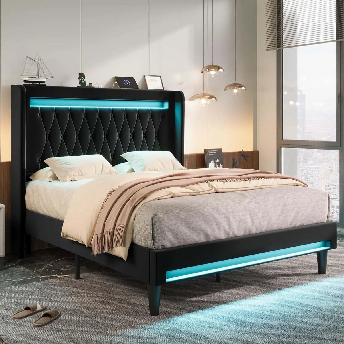 Full Size Bed Frame LED Lighting And USB Charging Black from PriceLows™