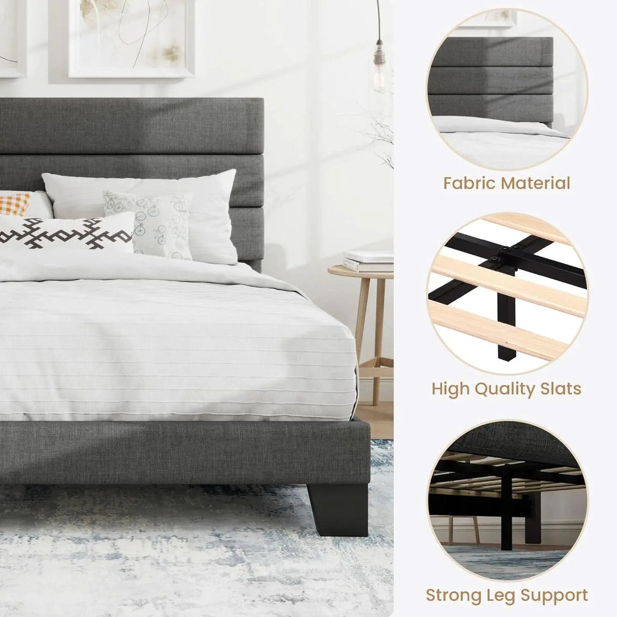 Full Size Upholstered Bed Frame With Grey Headboard from PriceLows™