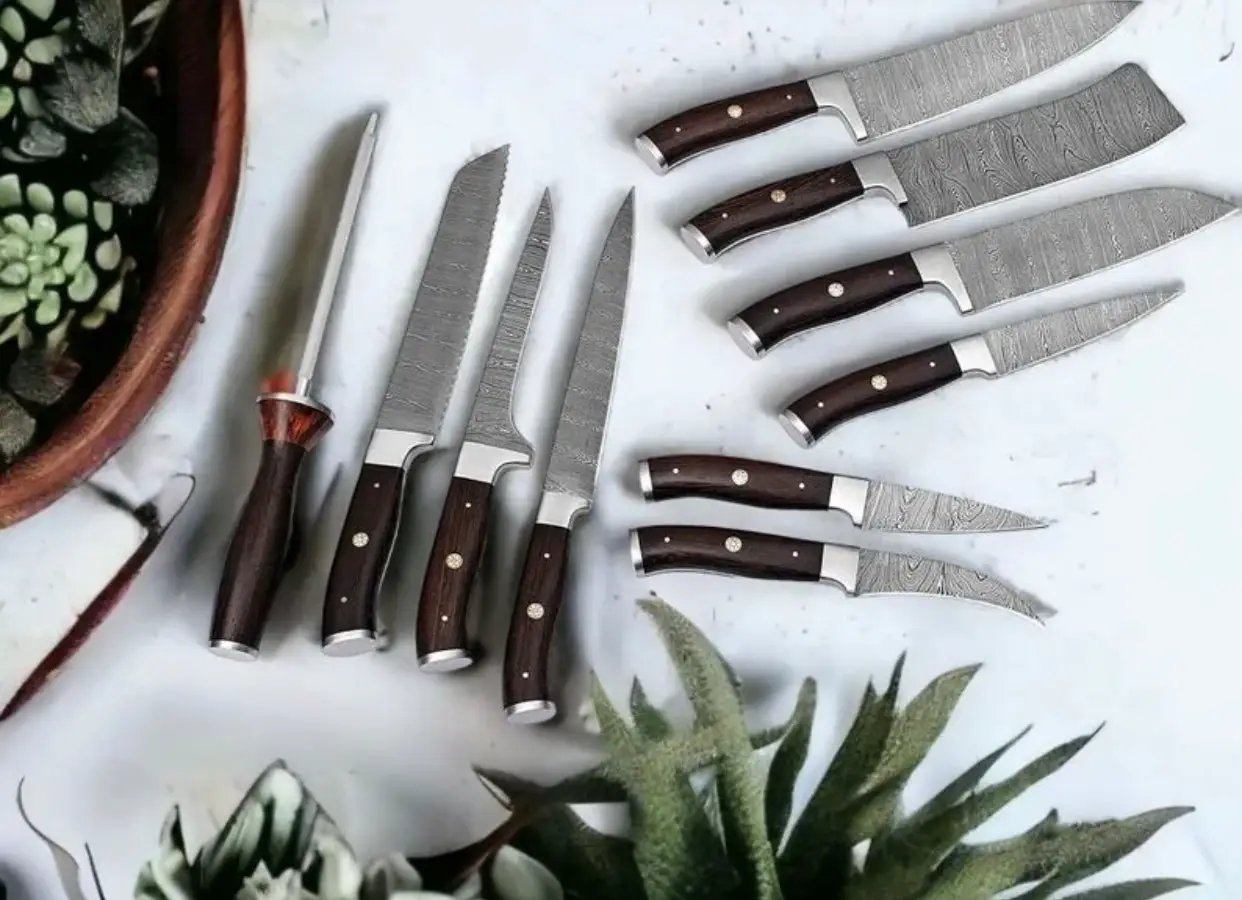 Best Knife Sets for Kitchen – 13" Handmade Damascus Steel Chef Knife with Rosewood Handle & Leather Sheath from PriceLows™