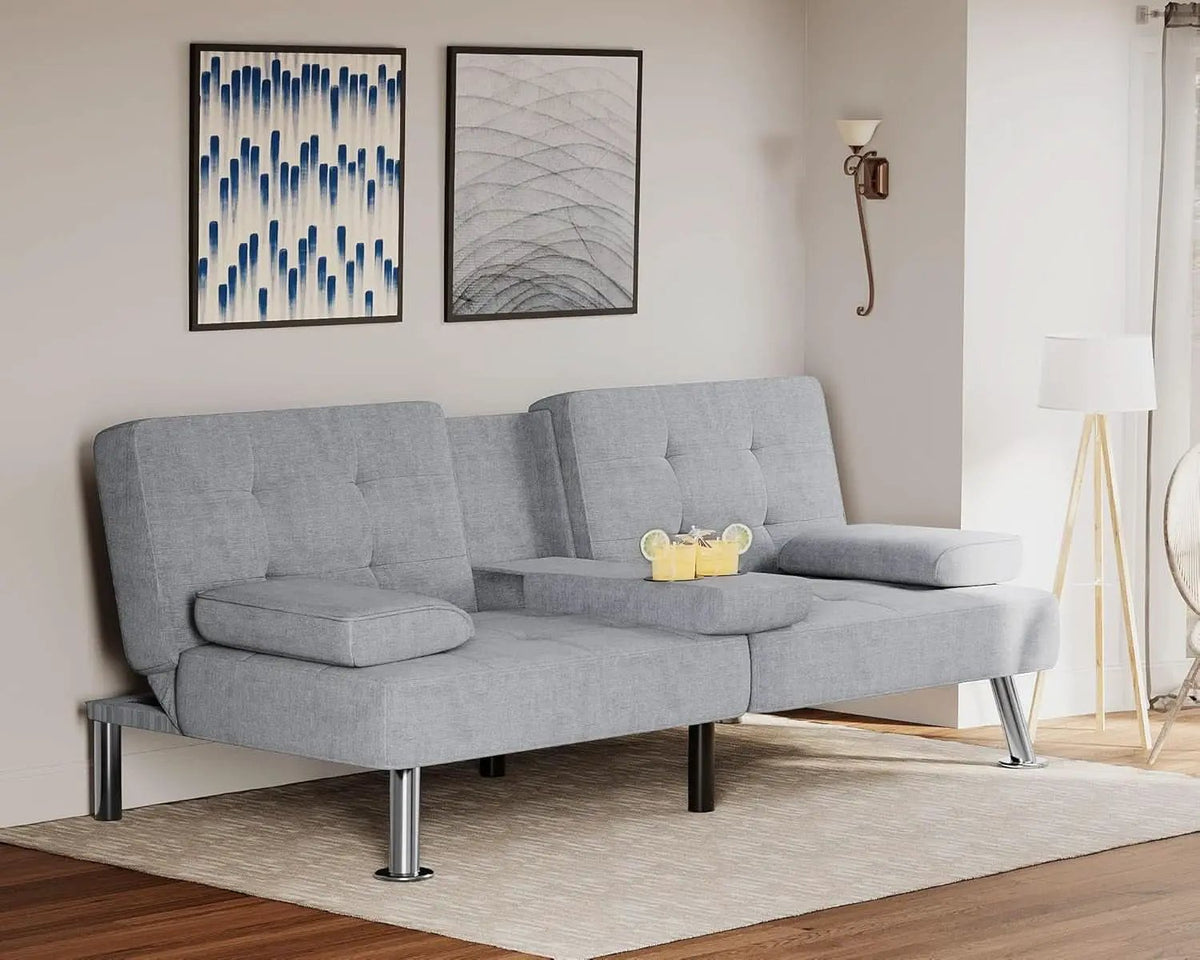 Futon Sofa Bed Light Grey Linen With Cup Holders Removable Armrests from PriceLows™