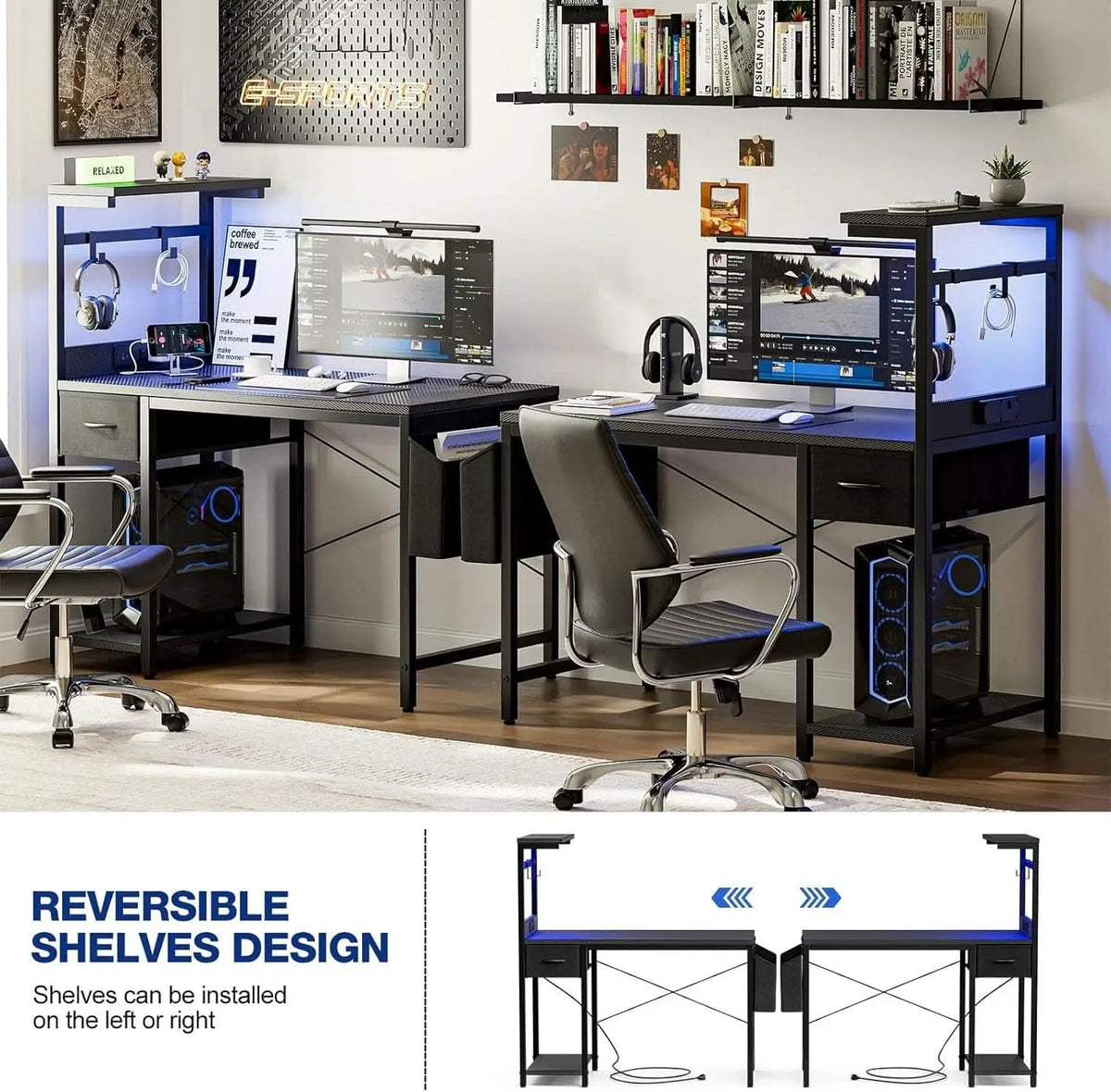 Gaming Desk 55 Inch With Power Outlet And Led Light Carbon Black from PriceLows™