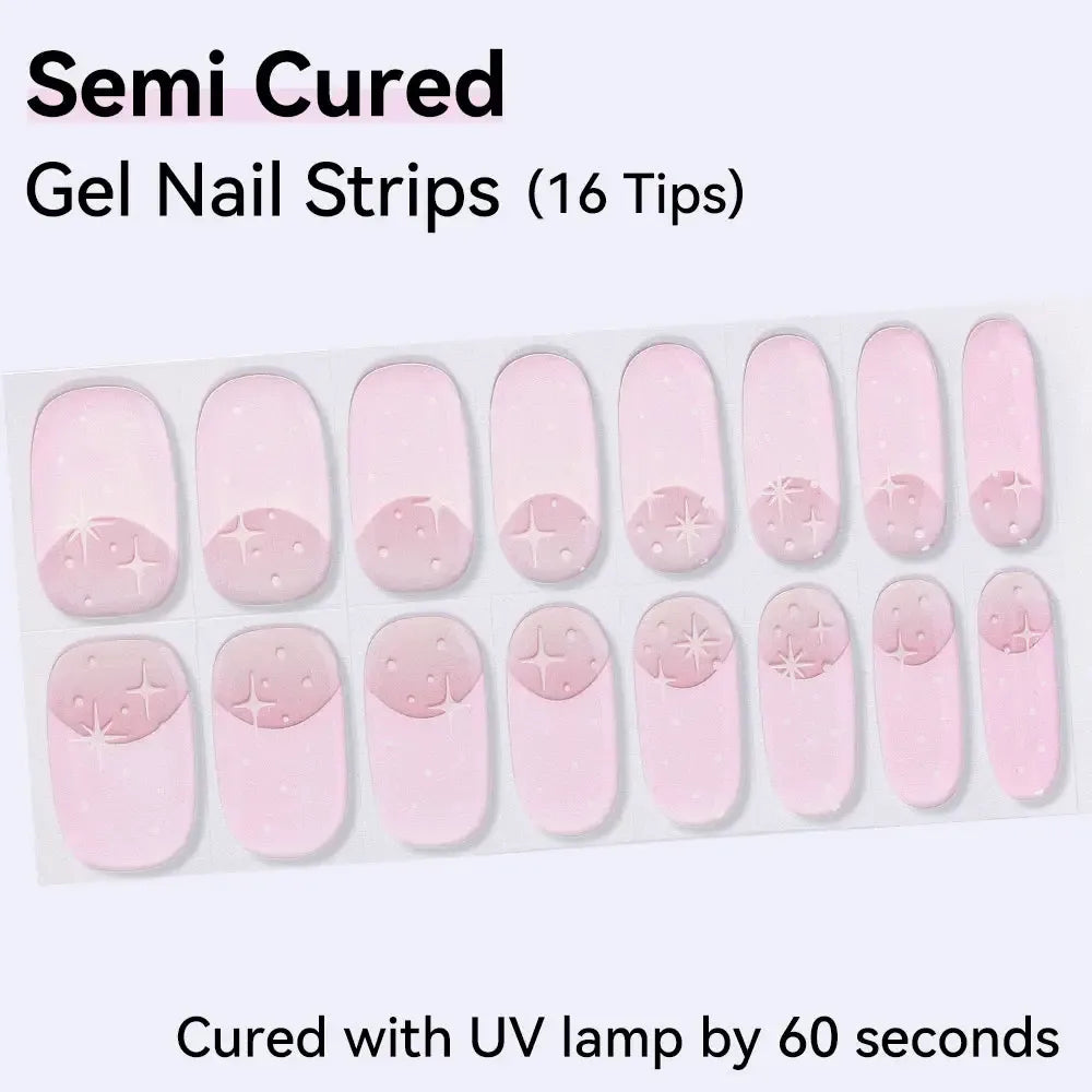 16strips Cartoon UV/LED Semi Cured Gel Nail Strips Pink Glitter Cat Eye Self-Adhesive Gel Nail Wraps Full Cover UV Nail Sticker from PriceLows™