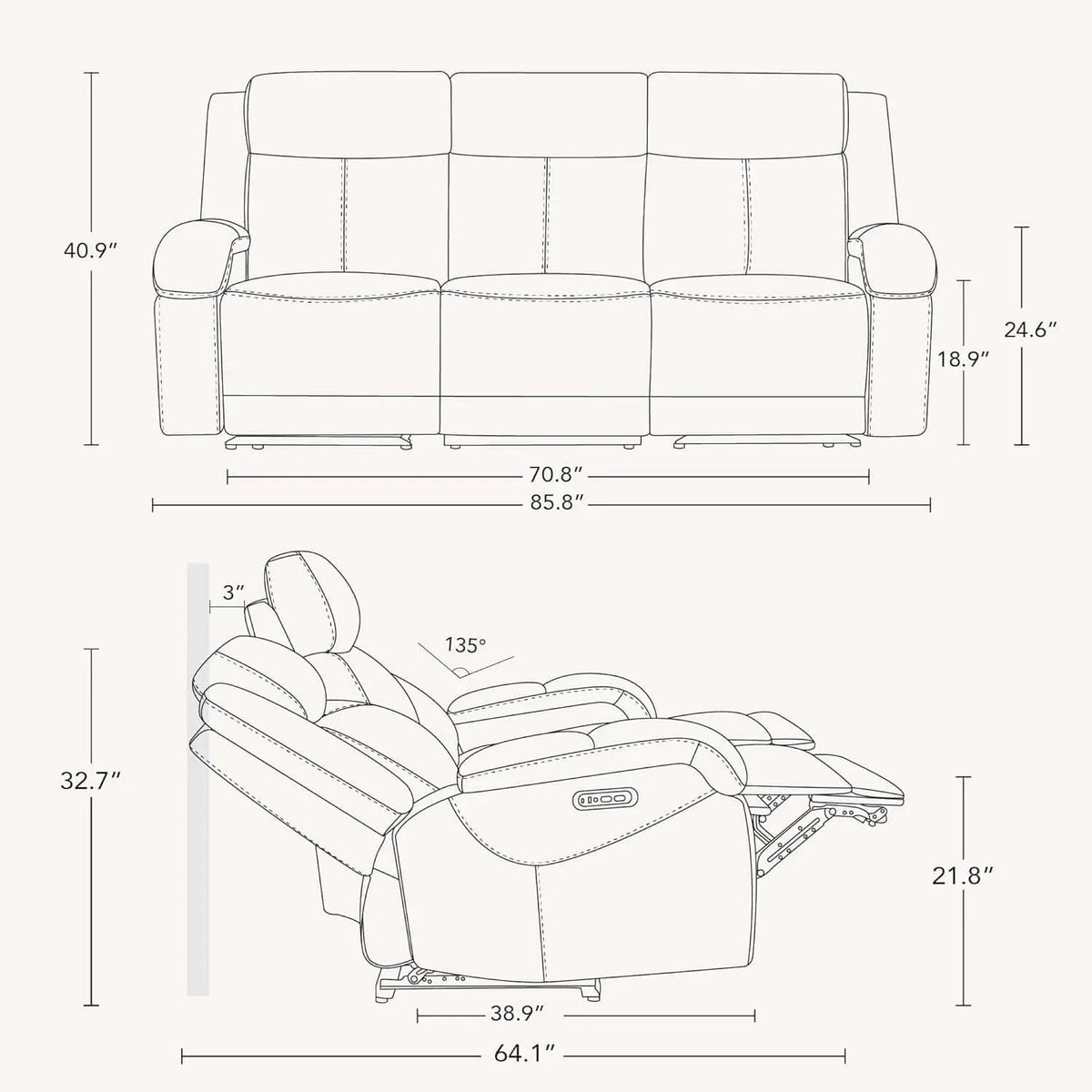 Genuine Leather Power Recliner Sofa 3 Seater USB Ports from PriceLows™