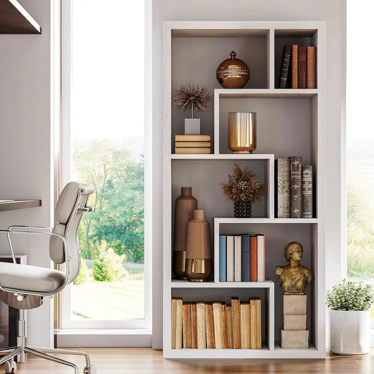 Geometric 6 Shelf Industrial Bookcase White Tall Storage from PriceLows™