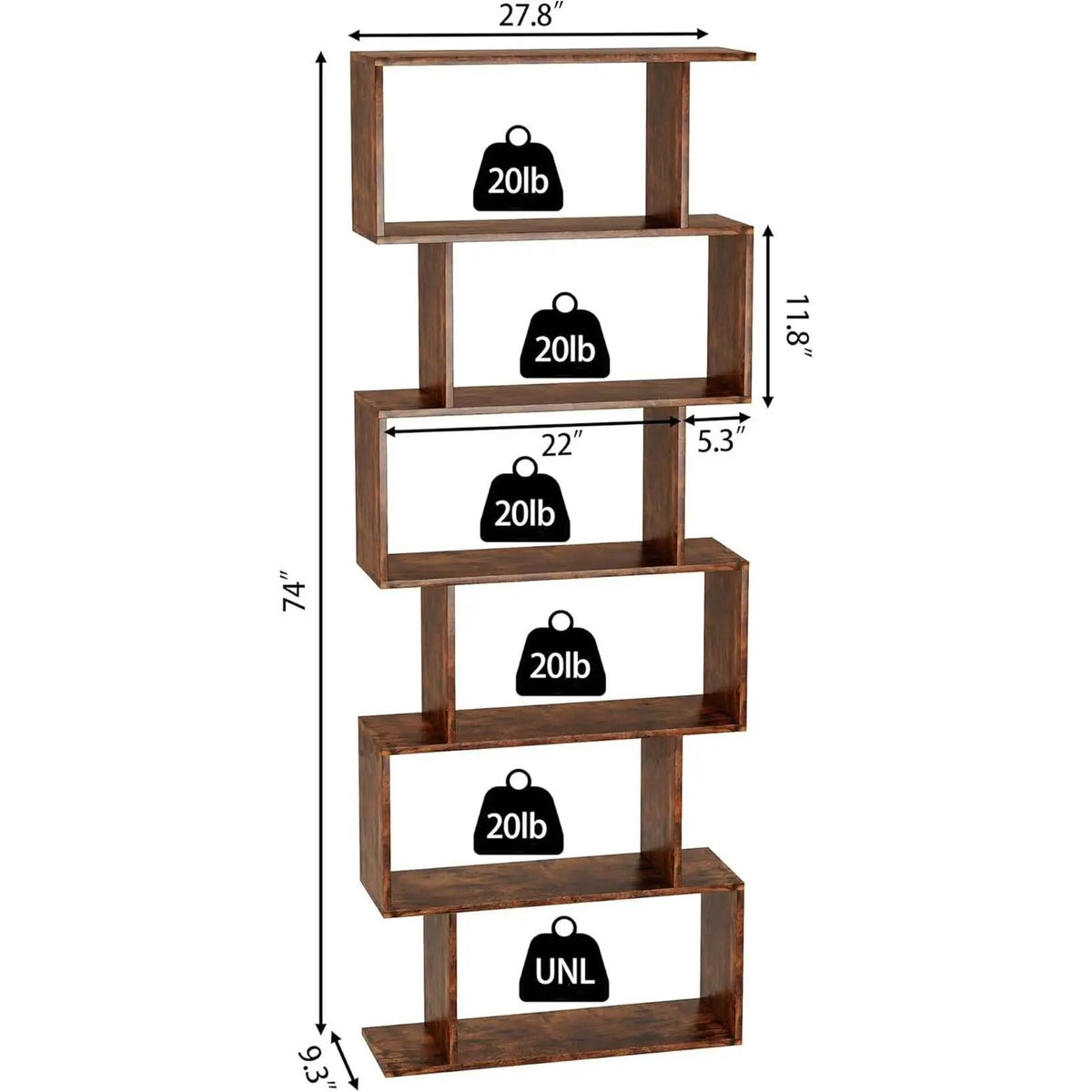 Geometric Bookcase 6 Tier S Shaped Rustic Brown Wood Shelf from PriceLows™
