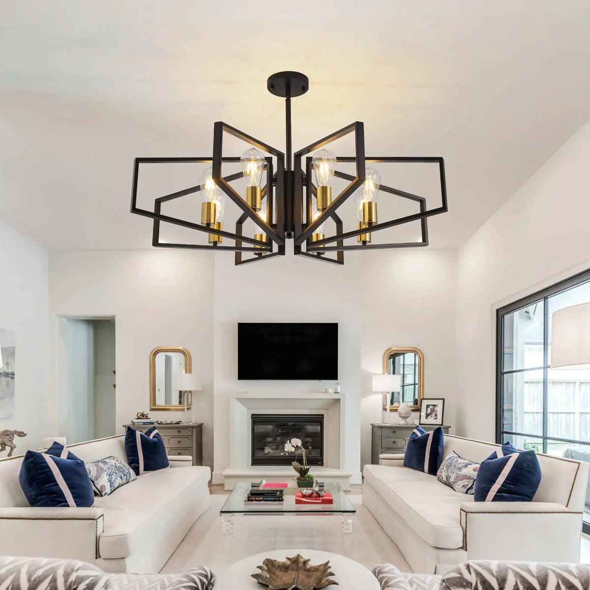 Modern 8-Light Geometric Chandelier Adjustable Height Metal Pendant Light with Black Frame & Golden Accents Ceiling Light Decor from PriceLows™