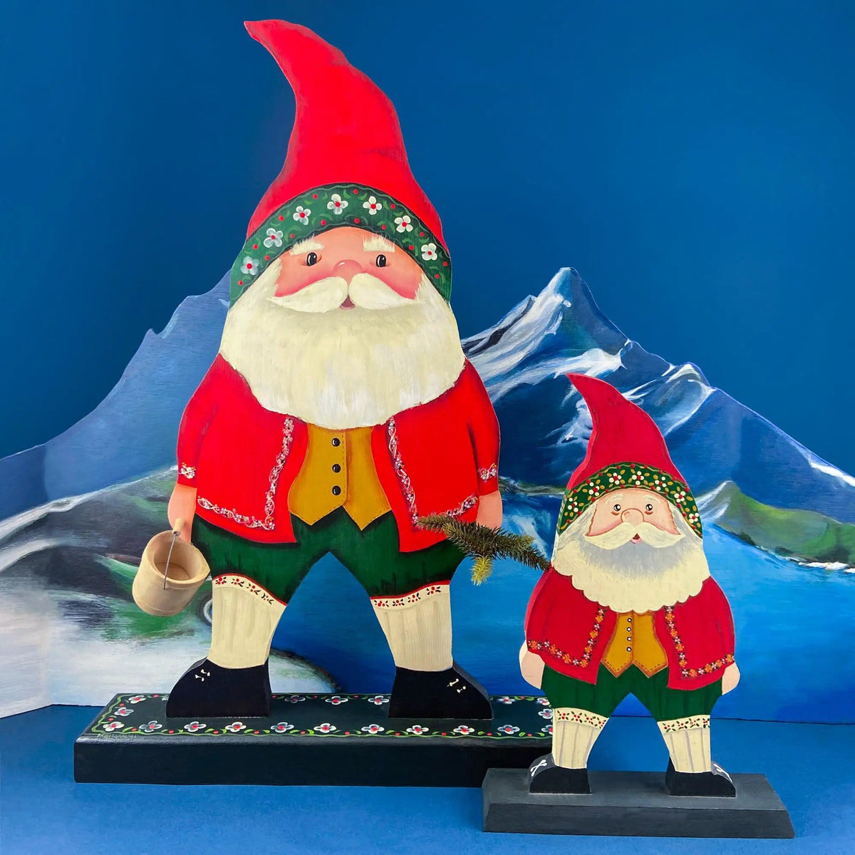 Two Large Hand-Painted on Wood German Santas or Elves | Rare Belsnickles in Traditional Folk Dress | Nordic Christmas Decor | Collectors & Hosts