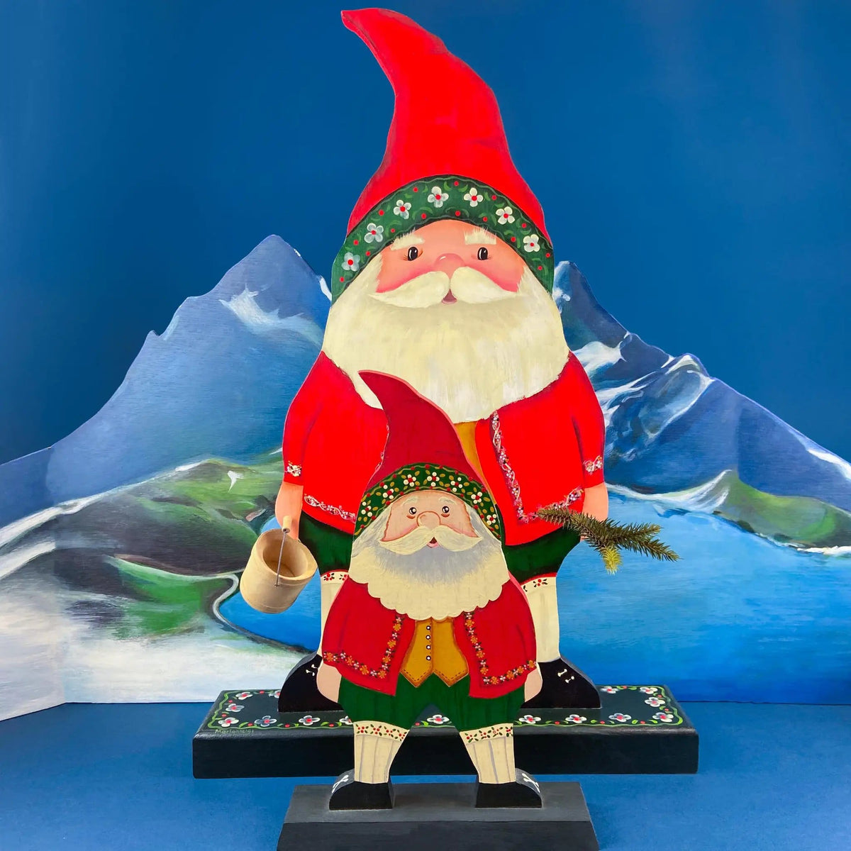 Two Large Hand-Painted on Wood German Santas or Elves | Rare Belsnickles in Traditional Folk Dress | Nordic Christmas Decor | Collectors & Hosts