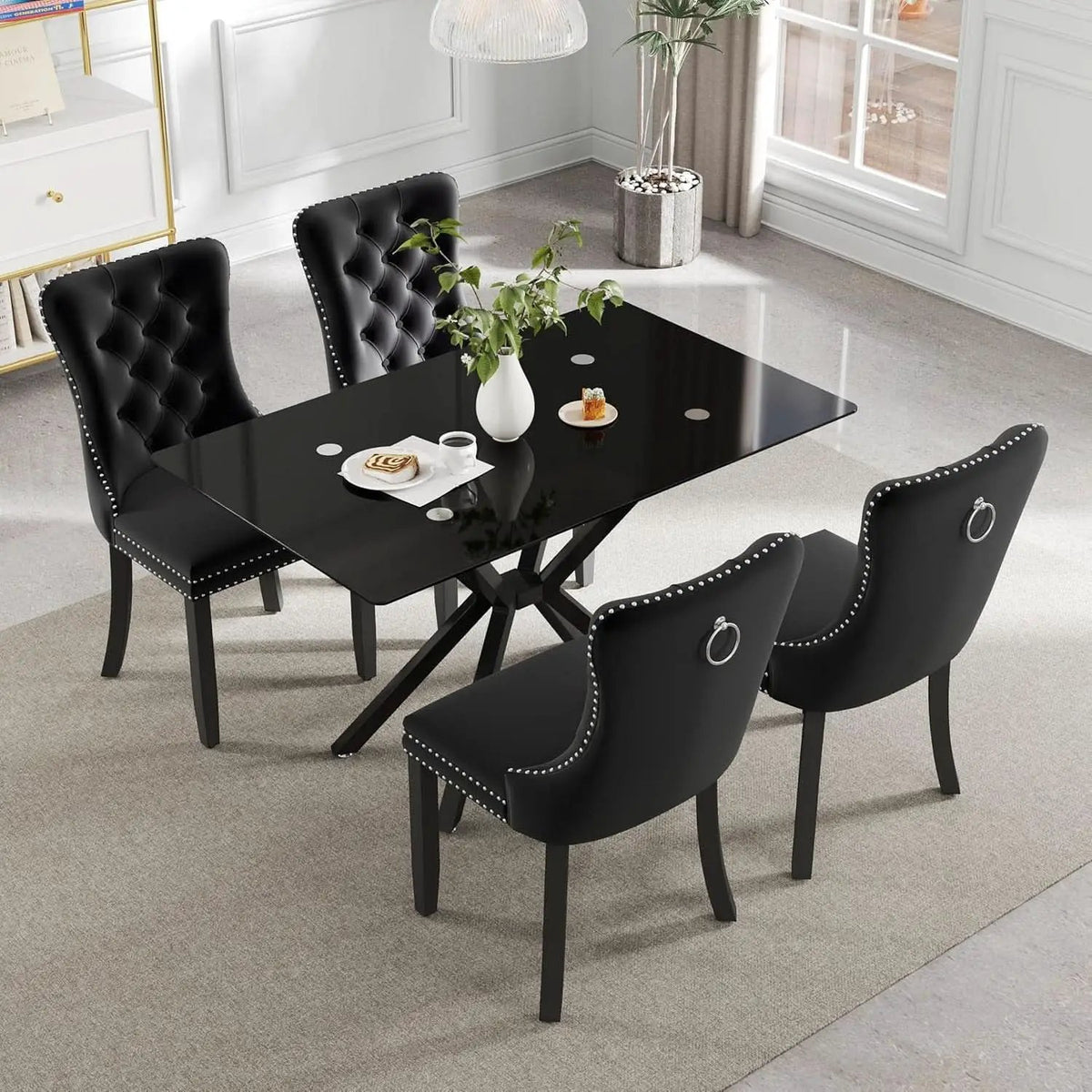 BlackGlassDiningSetForFourTuftedChairsWithNonSlipFeet from PriceLows™