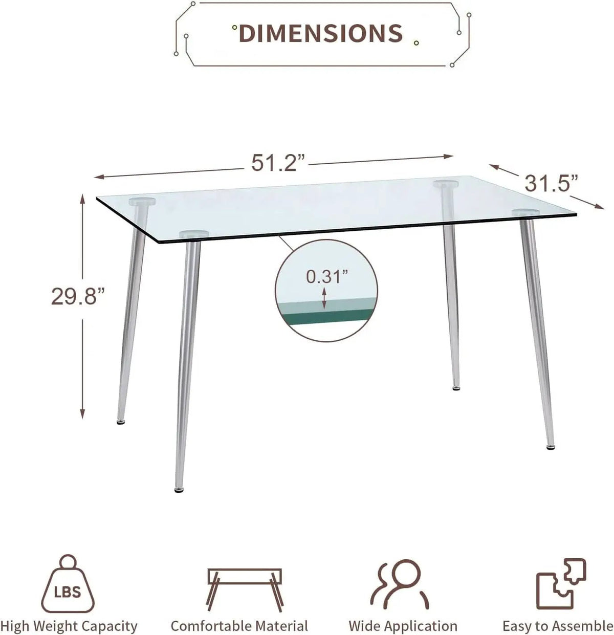 Glass Dining Table For 4 51 Inch Clear Top For Home from PriceLows™