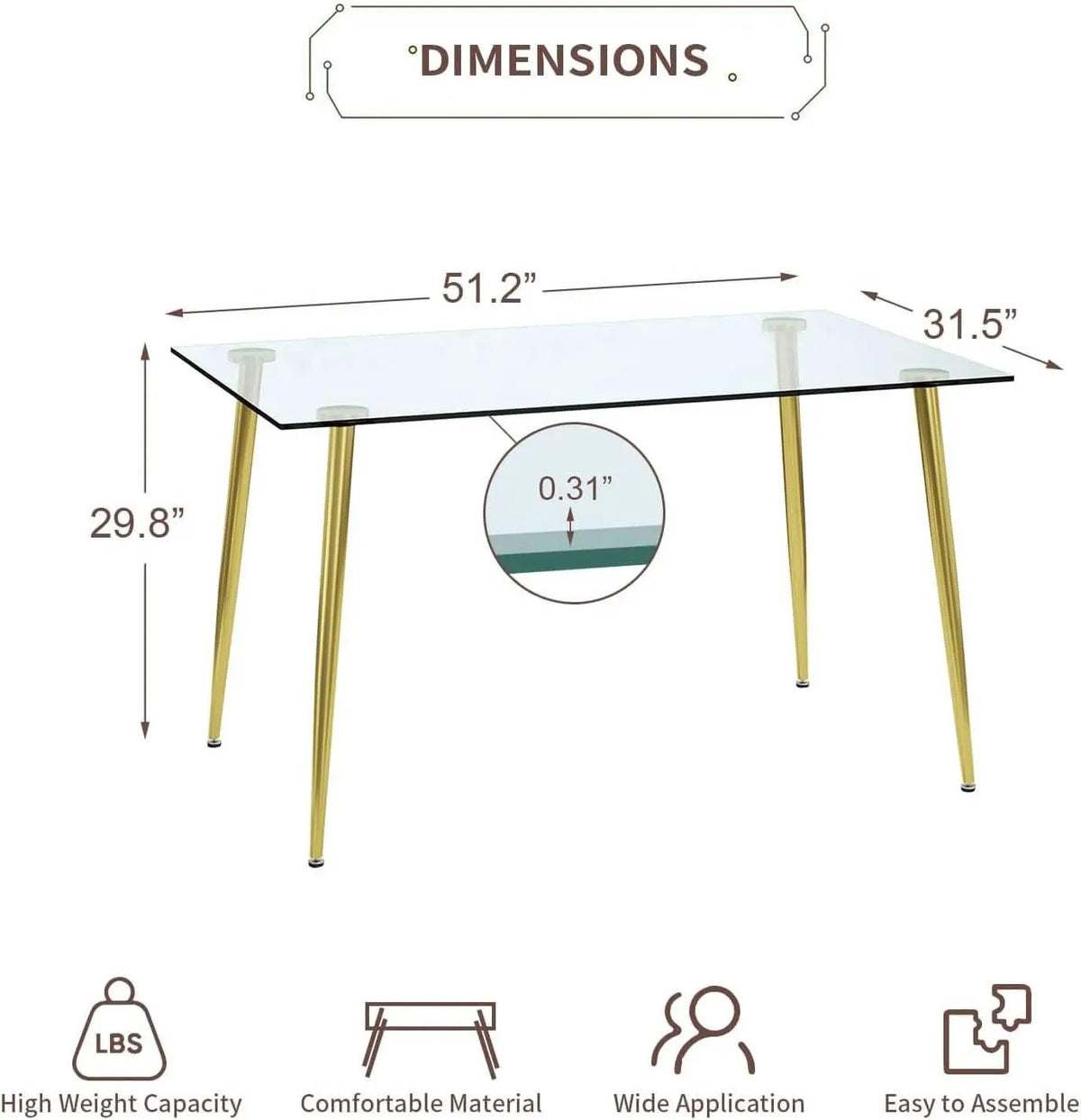 Glass Dining Table For 4 51 Inch Tempered Glass Gold Legs from PriceLows™