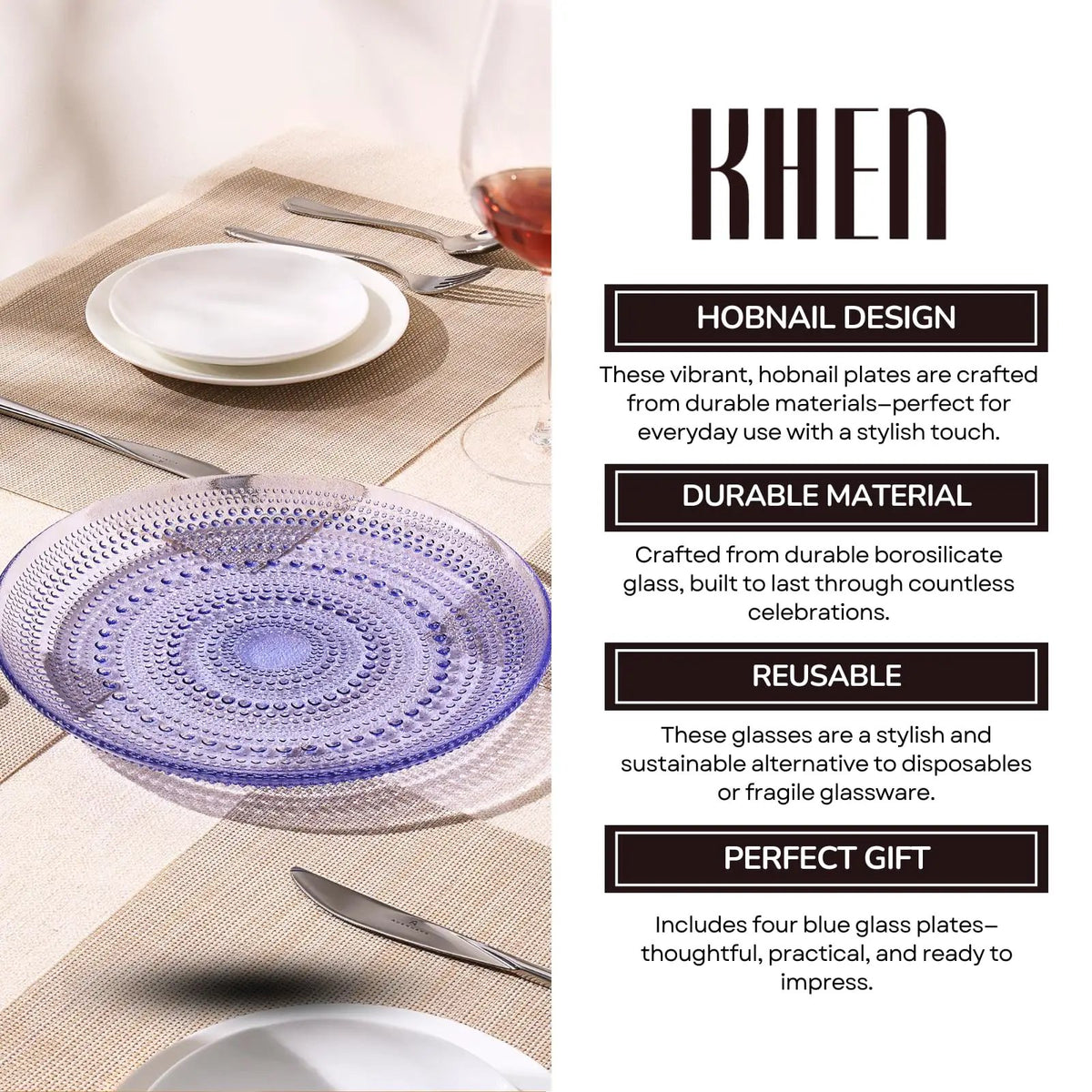 Glass Hobnail Dinner or Charger Plates | Set of 4 | Blue from PriceLows™
