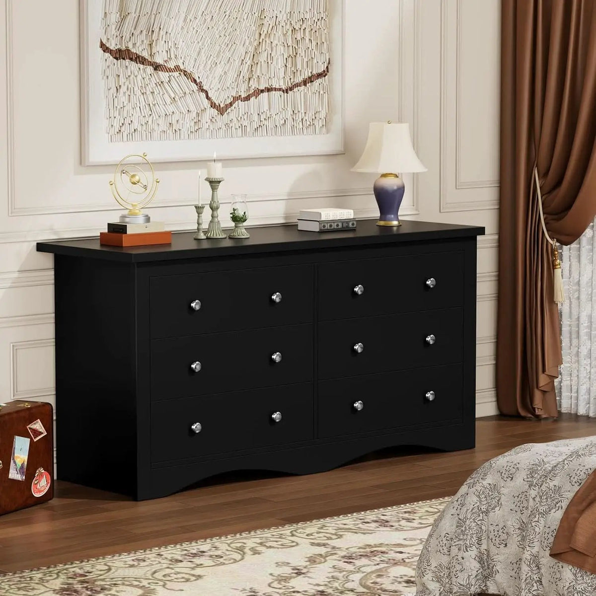 Glossy Black 52 Inch Six Drawer Dresser for Modern Storage from PriceLows™