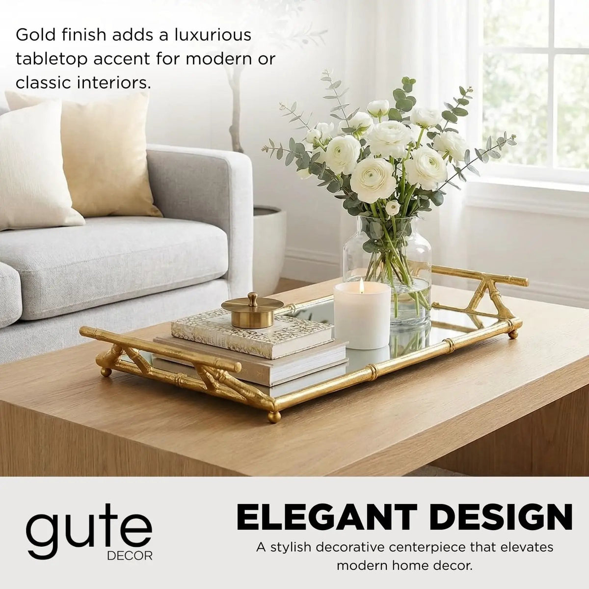 Gold Mirrored Decorative Tray, 20" Large Rectangular Aluminum Bamboo Frame from PriceLows™