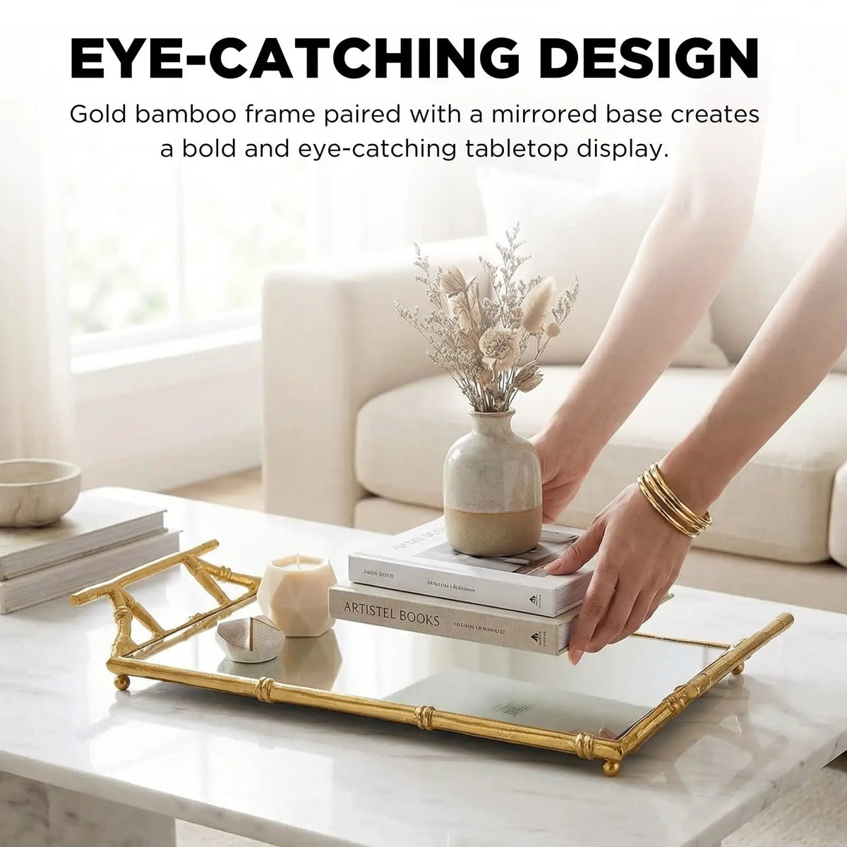 Gold Mirrored Decorative Tray, 20" Large Rectangular Aluminum Bamboo Frame from PriceLows™