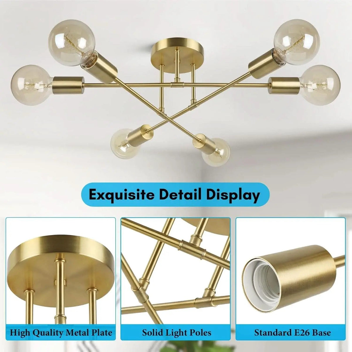 Gold Sputnik Chandelier Semi Flush Mount Ceiling Fixture from PriceLows™