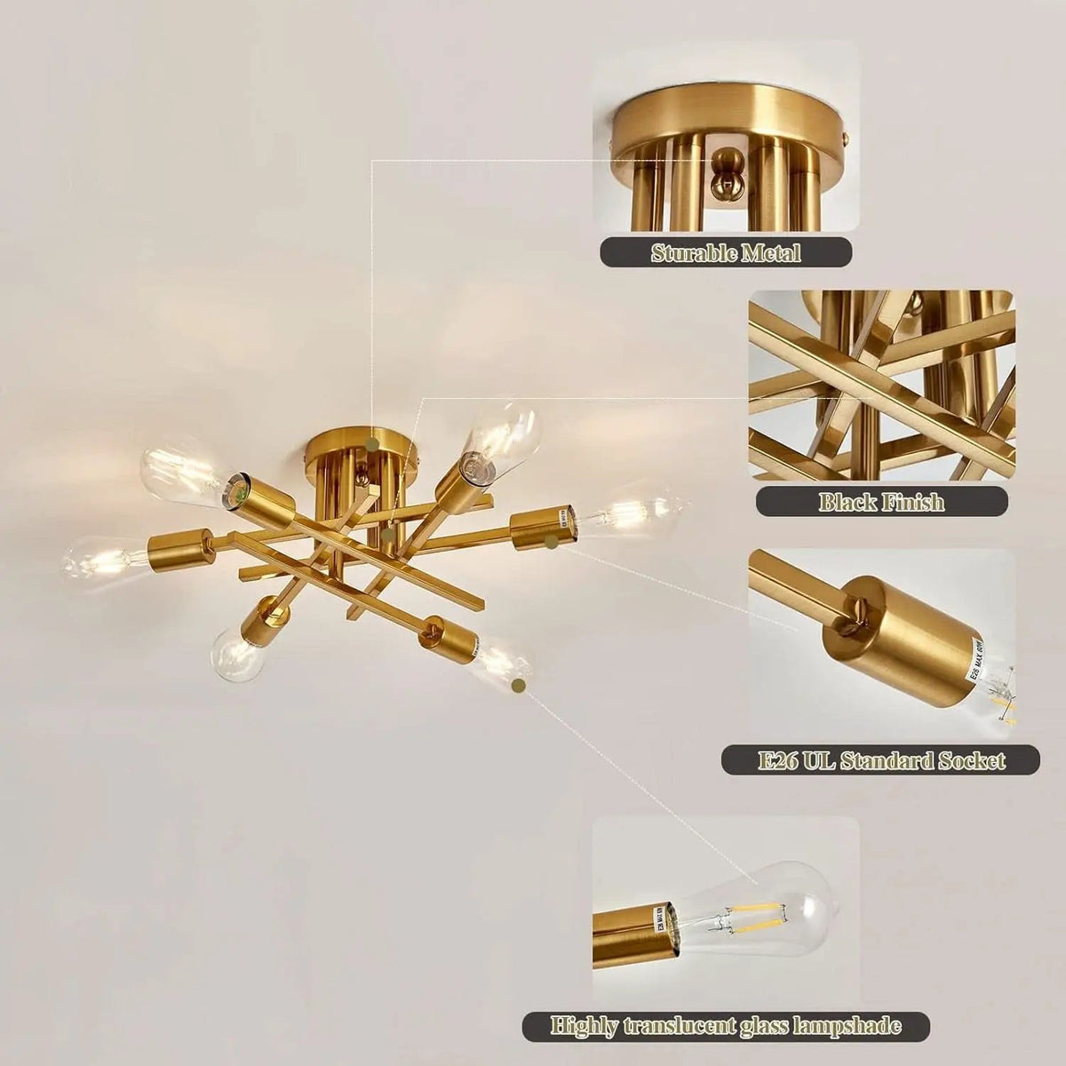 Gold Sputnik Chandelier Semi Flush Mount Ceiling Light from PriceLows™