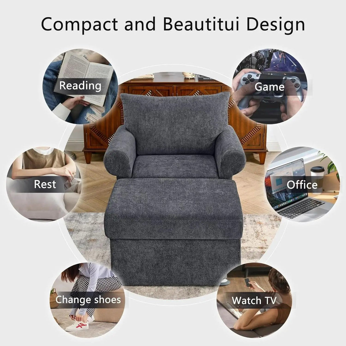 Gray 35 Inch Accent Chair With Ottoman And Chaise Lounge from PriceLows™