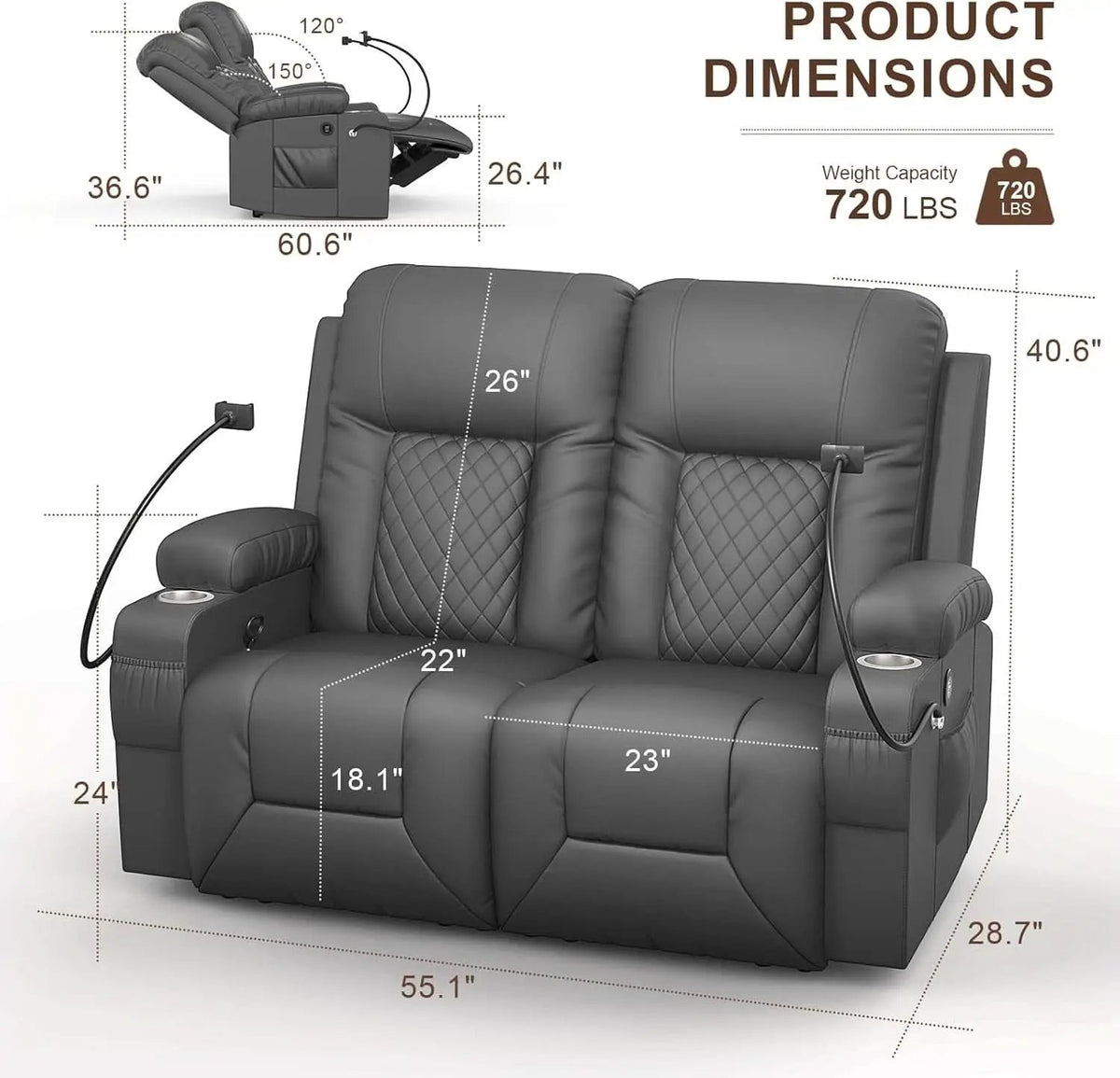 Gray PU Leather Two Seater Recliner Loveseat With USB Ports from PriceLows™