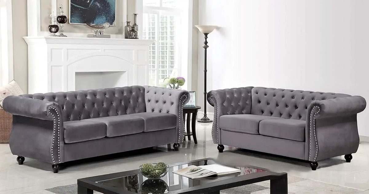 Gray Velvet Loveseat Modern Living Room Furniture Sofa from PriceLows™