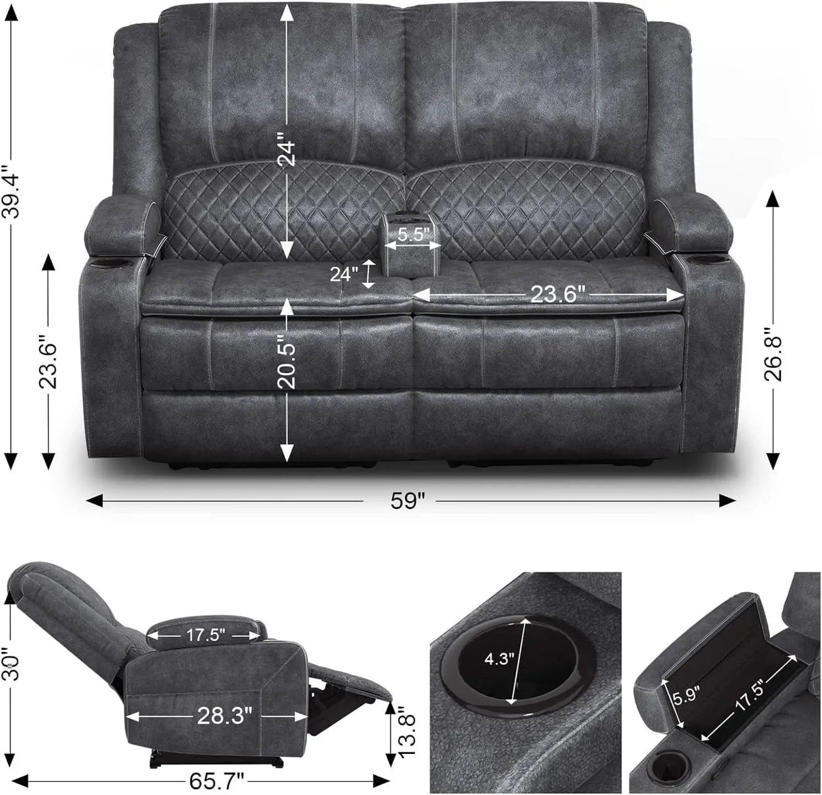 Gray Velvet Manual Recliner Loveseat With USB Ports from PriceLows™