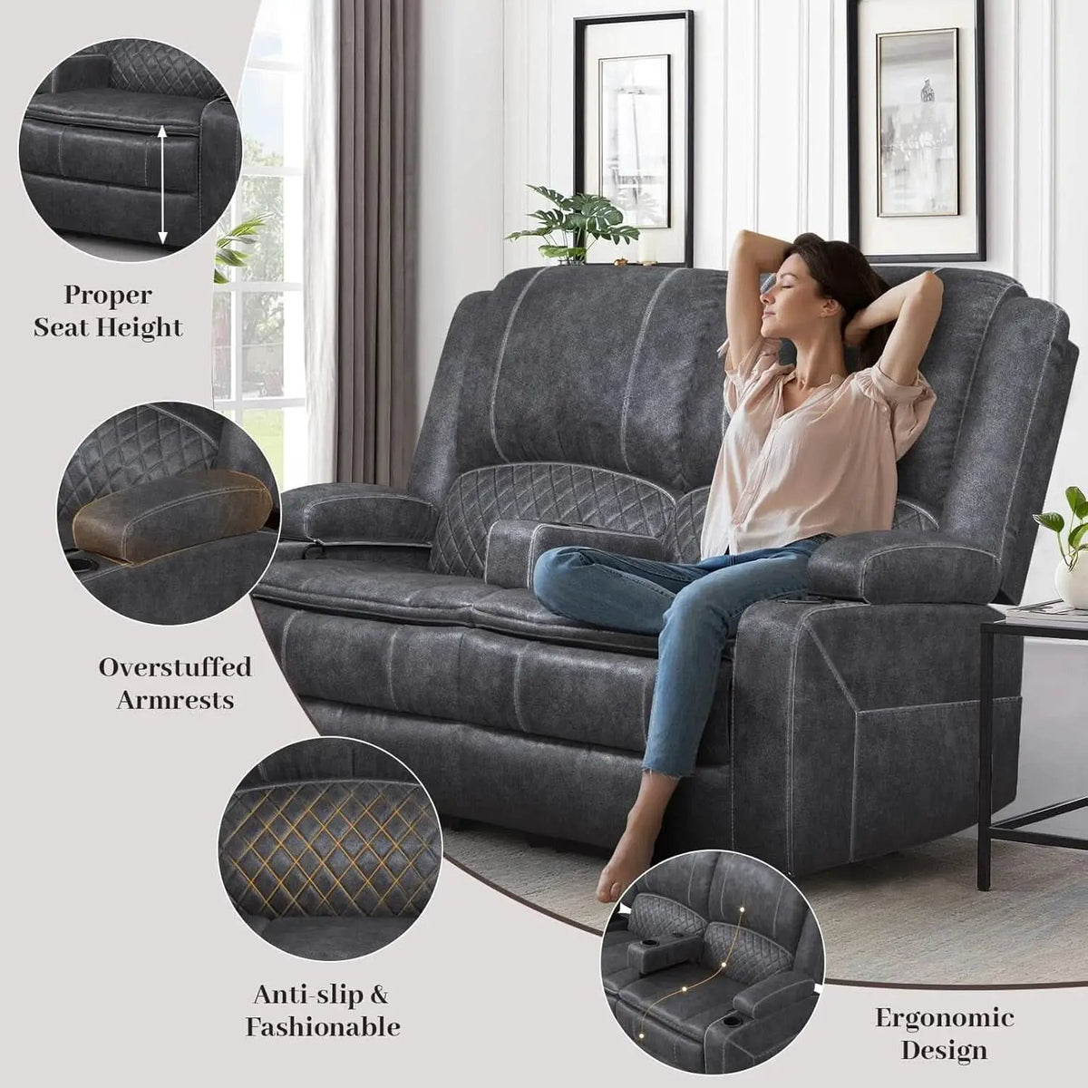 Gray Velvet Manual Recliner Loveseat With USB Ports from PriceLows™