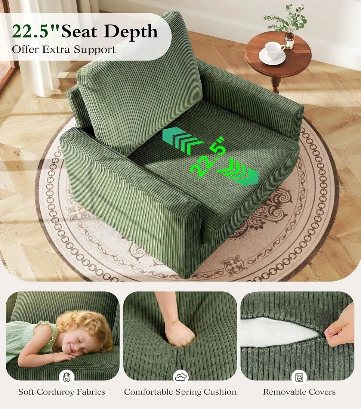 Green Corduroy Accent Chair With 22 Inch Deep Seat from PriceLows™