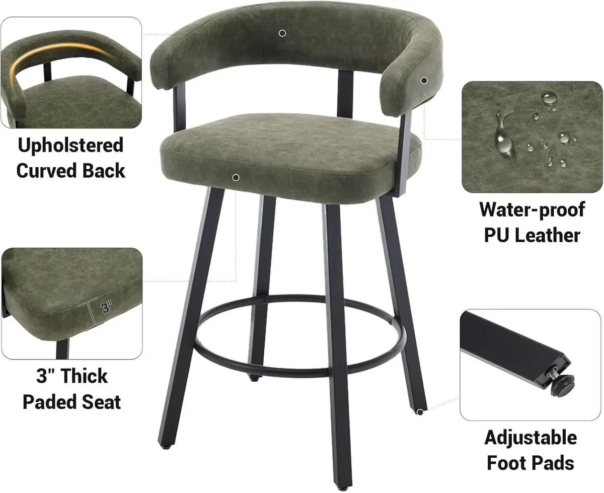 Green Leather Counter Height Bar Stools Set Of 4 With Backs 25 Inch from PriceLows™