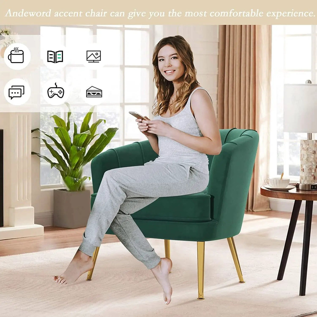 Green Velvet Accent Chair With Gold Legs For Living Room from PriceLows™