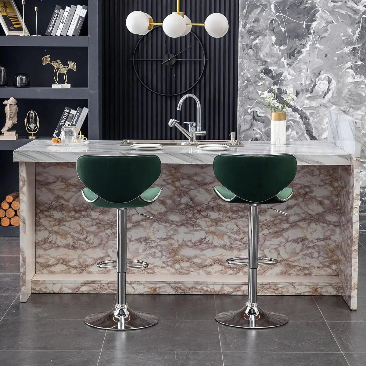 Green Velvet Upholstered Adjustable Swivel Bar Stools Set 2 from PriceLows™