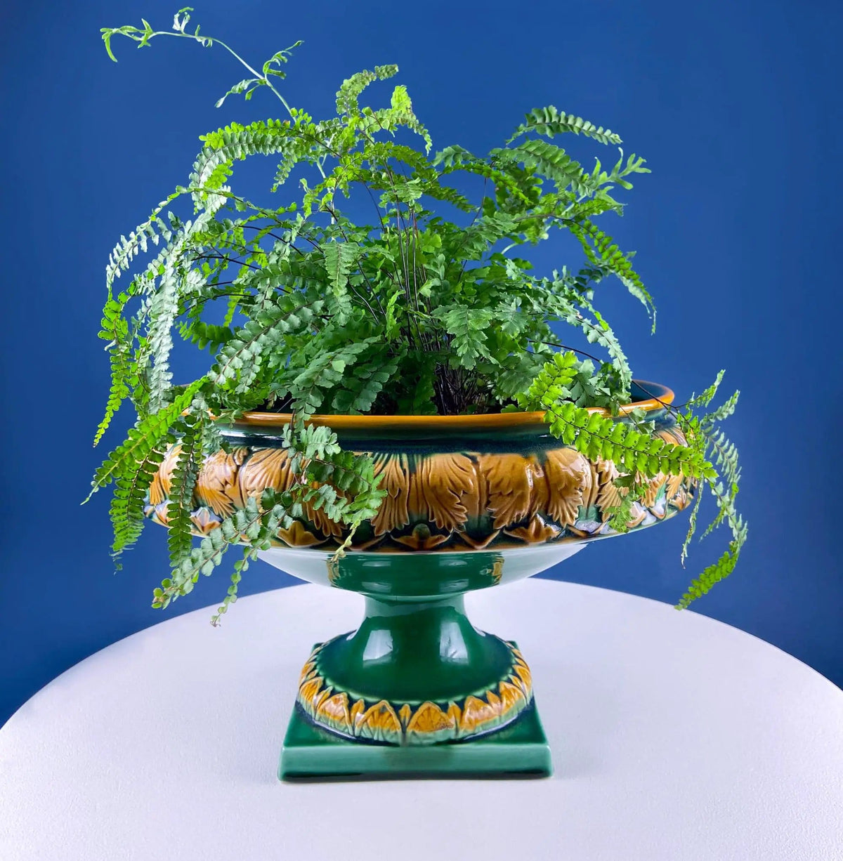 Green Majolica Ceramic Centerpiece Bowl with Gold Relief | Abigails Italy | Art Nouveau Flower Fern Jardiniere | Collectors & Hosts
