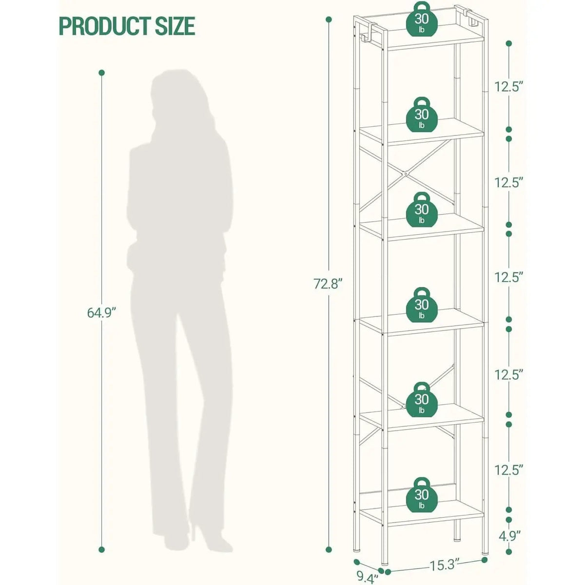Greige Six Tier Narrow Bookshelf With Two Hooks Industrial from PriceLows™
