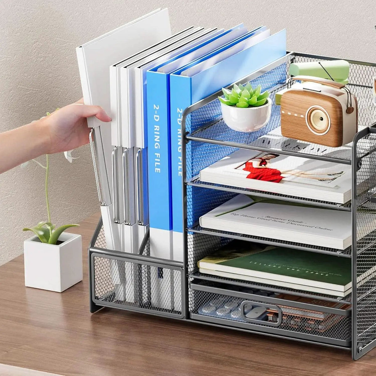 Grey 5 Tier Mesh Desk Organizer With Drawer And File Trays from PriceLows™