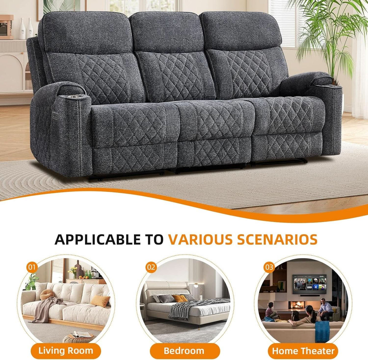 Grey Fabric 3-Seater Electric Recliner Sofa with Cup Holders from PriceLows™