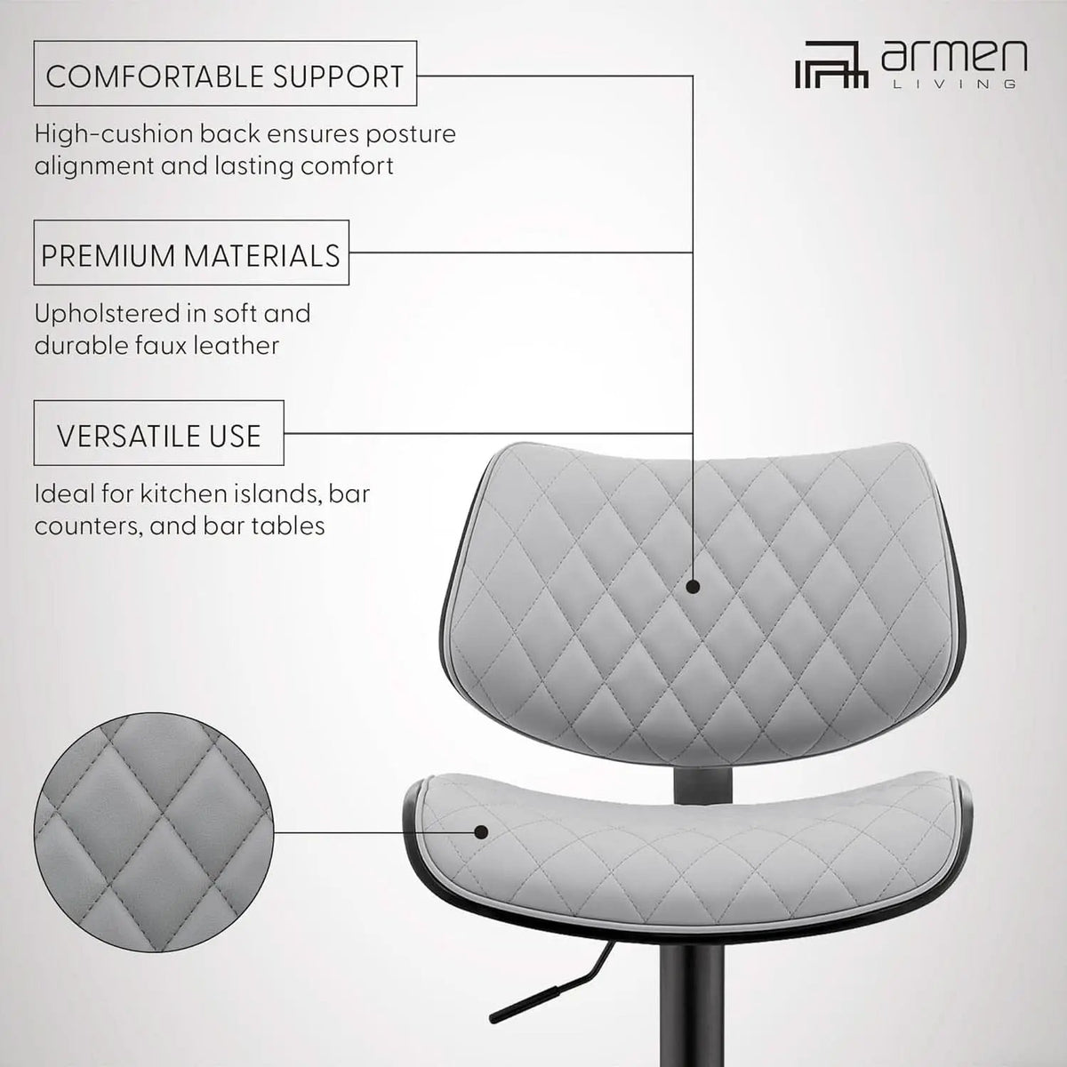 Grey Faux Leather Swivel Bar Stool With Adjustable Height from PriceLows™