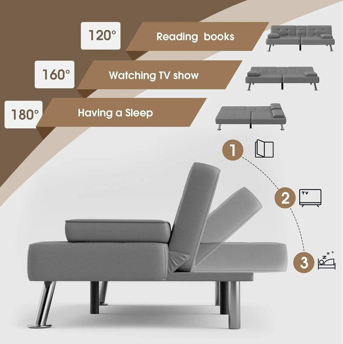 Grey Futon Sofa Bed With Adjustable Back And Cup Holders from PriceLows™