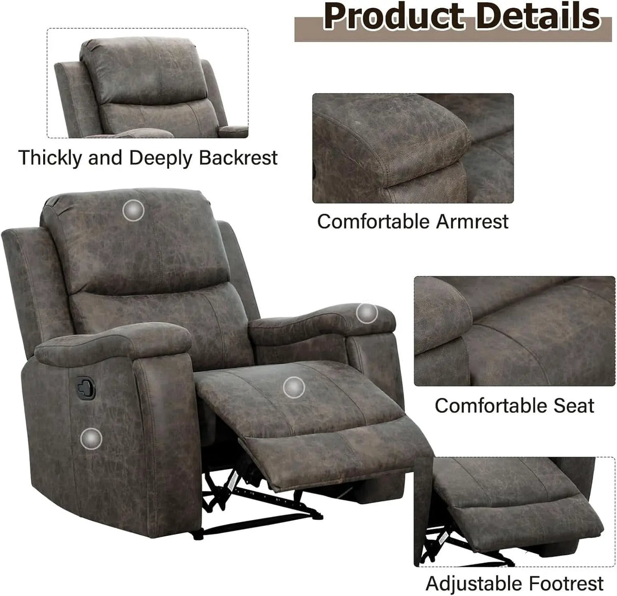 Grey Leather Recliner Chair With Cup Holders Living Room from PriceLows™