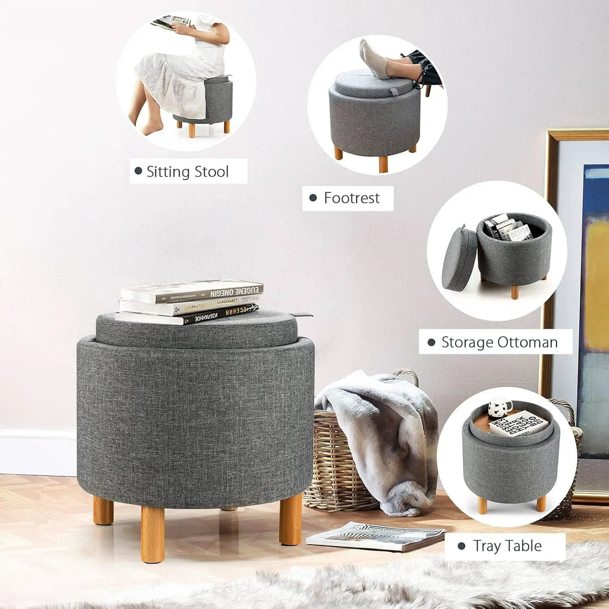 Grey Premium Microfiber Storage Ottoman Large Tray from PriceLows™